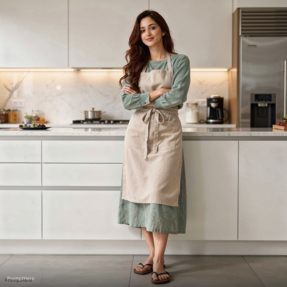 AI generated: A woman in a modern kitchen wearing only a sexy apron and sexy flat sandals