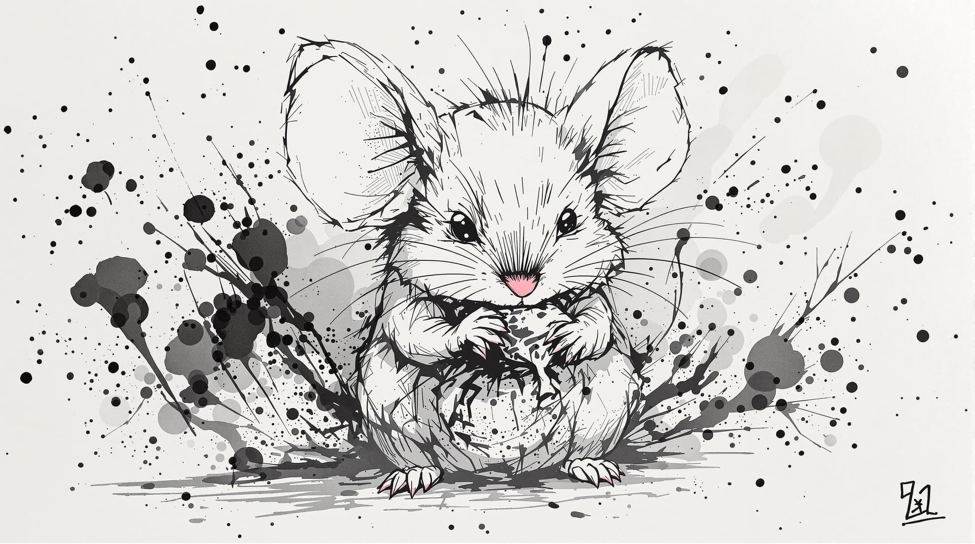 AI generated: cute Mouse with straight face grabing something, detailed,ink style,Ink splash art on the background...