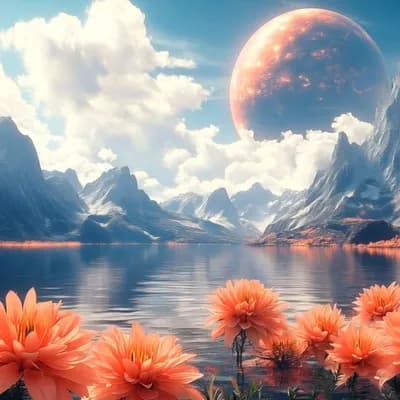 AI generated video: Camera pans from right to left across an alien landscape, water ripples and flowers move in the wind