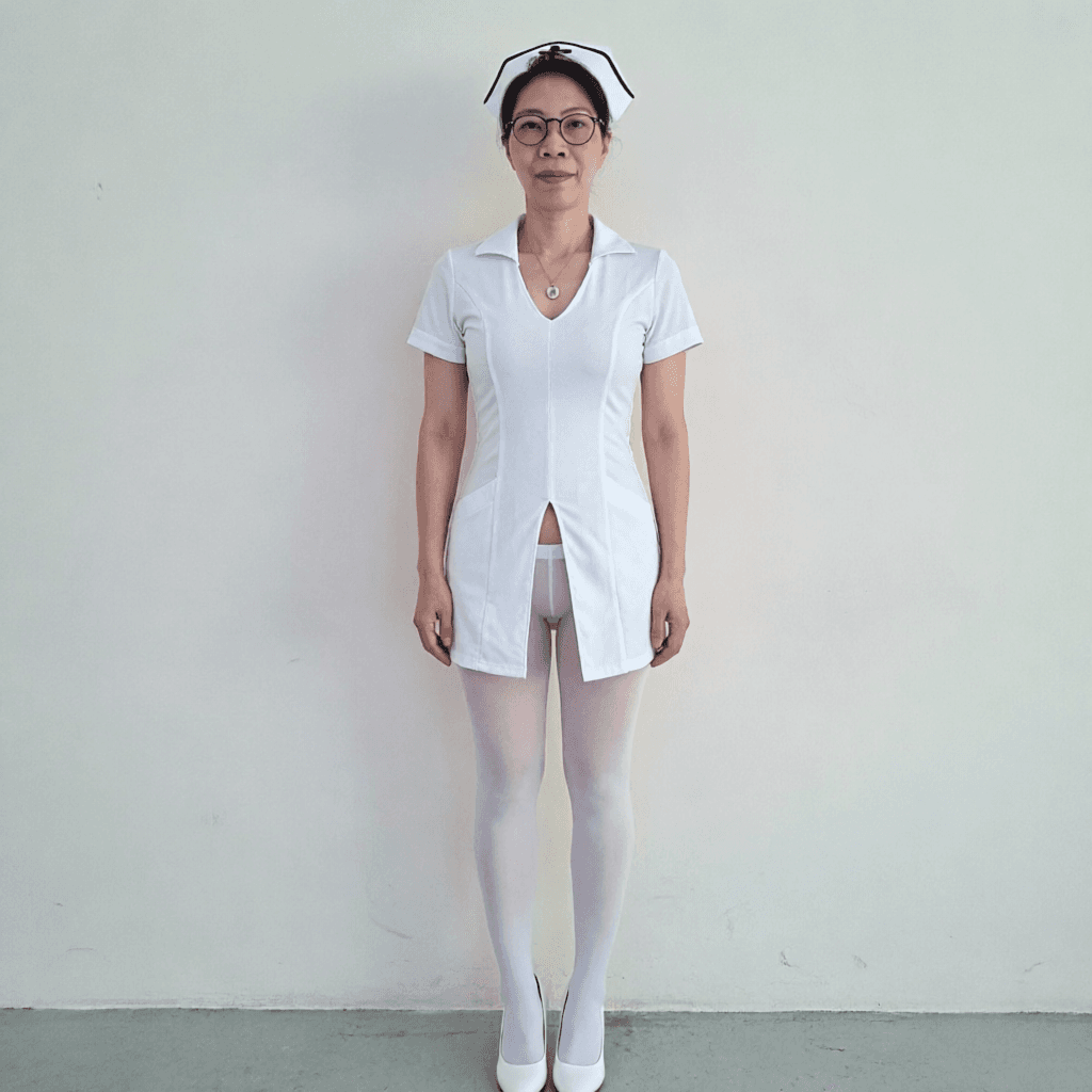AI generated: Wearing tight nurse cosplay vcut top and slit, white pantyhose and white high heels. fit slim and pe...