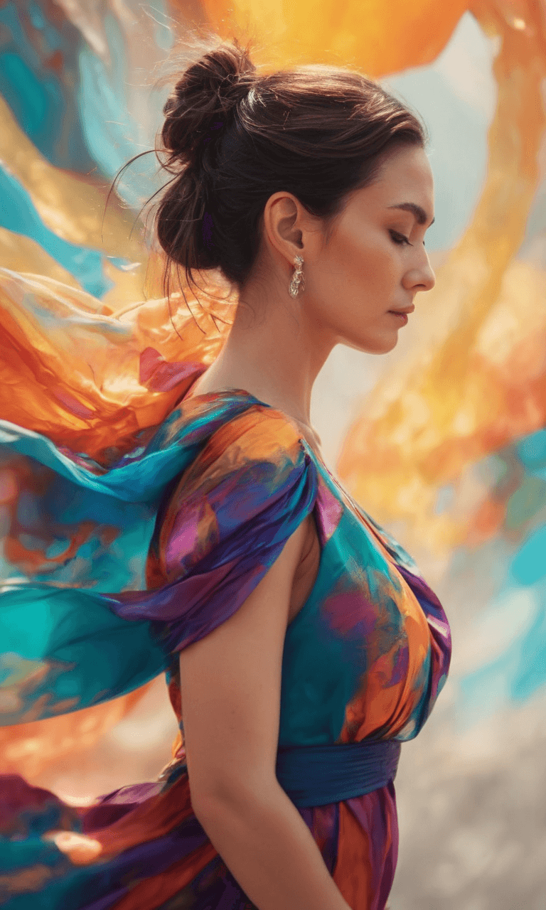 AI generated: best quality, 4k, highres, masterpiece, ultra-detailed, realistic, woman in rainbow silk dress, floa...