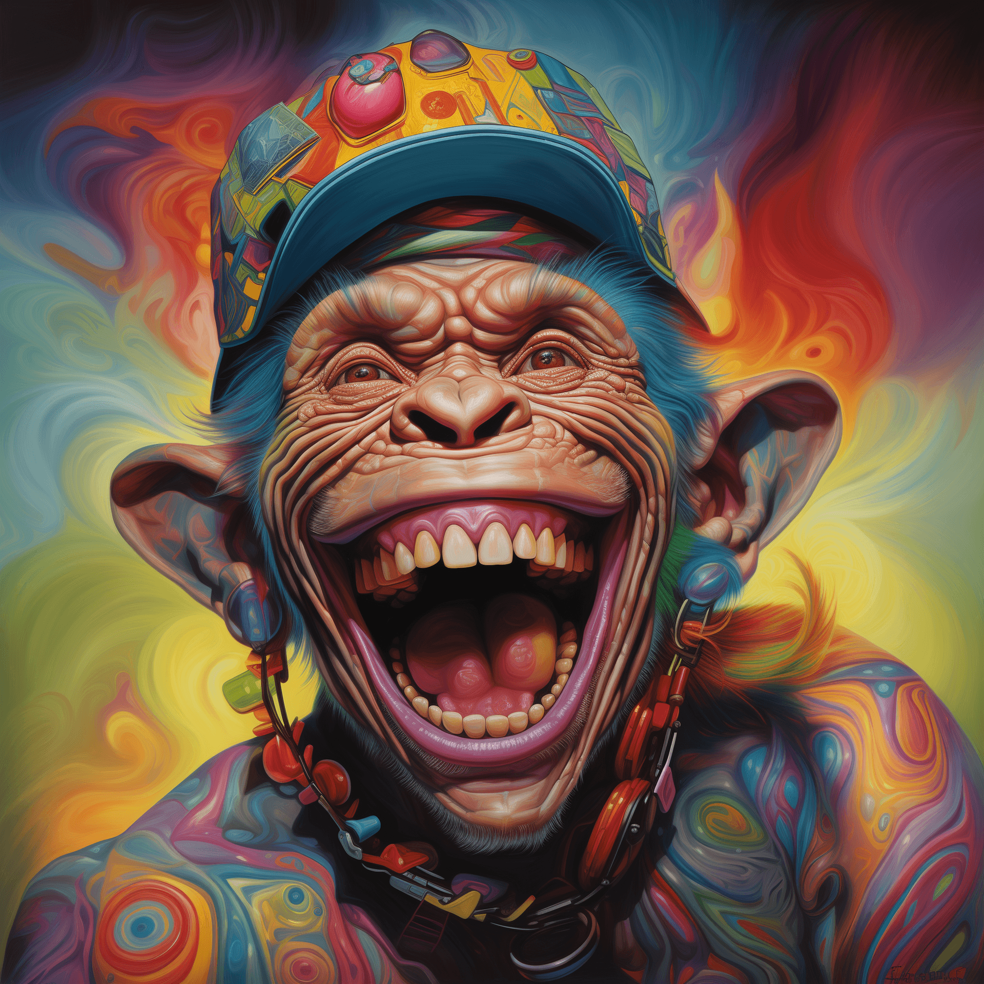 AI generated: Portrait of a smiling monkey with its full body covered in colorful tattoos, in the style of Alex Al...