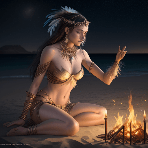 AI generated: dancer with feathers and jewelry at night on the beach by the fire in the style of magali villeneuve...