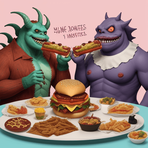 AI generated: Monsters who feed each other junk food