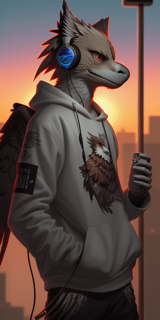 AI generated: (nvinkpunk:1.2) (snthwve style:0.8) DJ eagle, headphone, anthro, lightwave, sunset, intricate, highl...