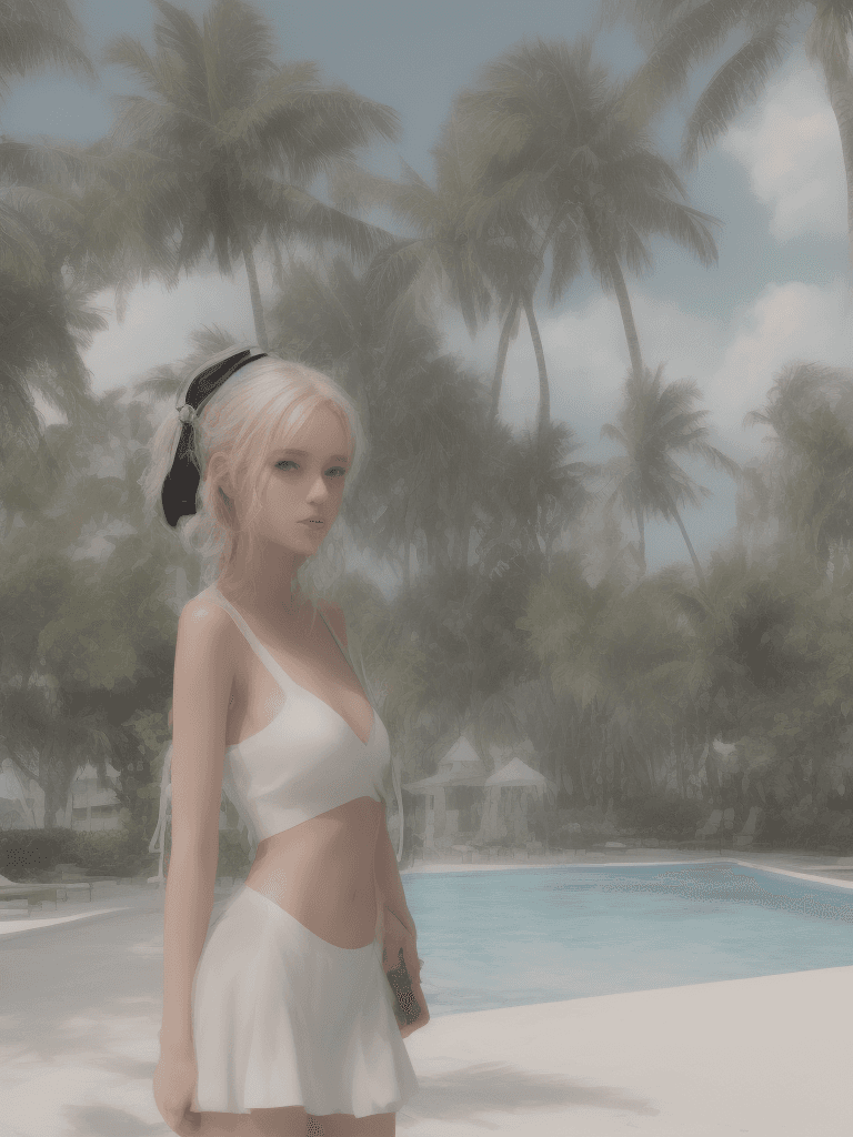 AI generated: A photo of a fashionable woman at a chic resort. She is wearing a trendy yet elegant two-piece swims...