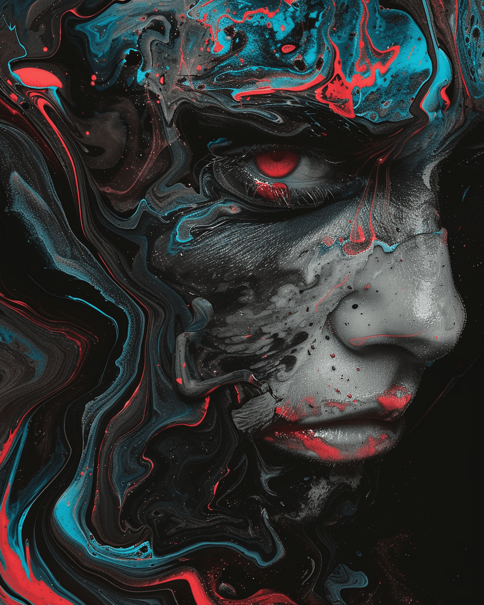 AI generated: A woman's face with red and blue paint on a dark black background in the style of fluid art. Red eye...