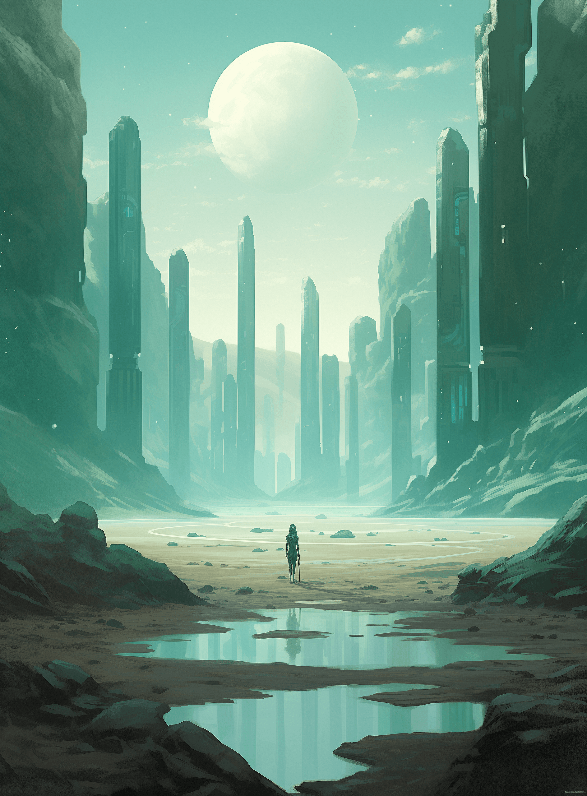 AI generated: vintage illustration, alien landscape with green and blue rocks, black sand desert, white pillars, g...