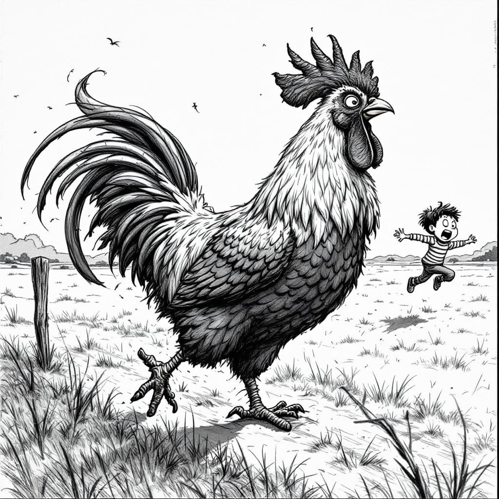 AI generated: black and white pencil sketch of a big rooster chasing a scared boy through the countryside, side vi...