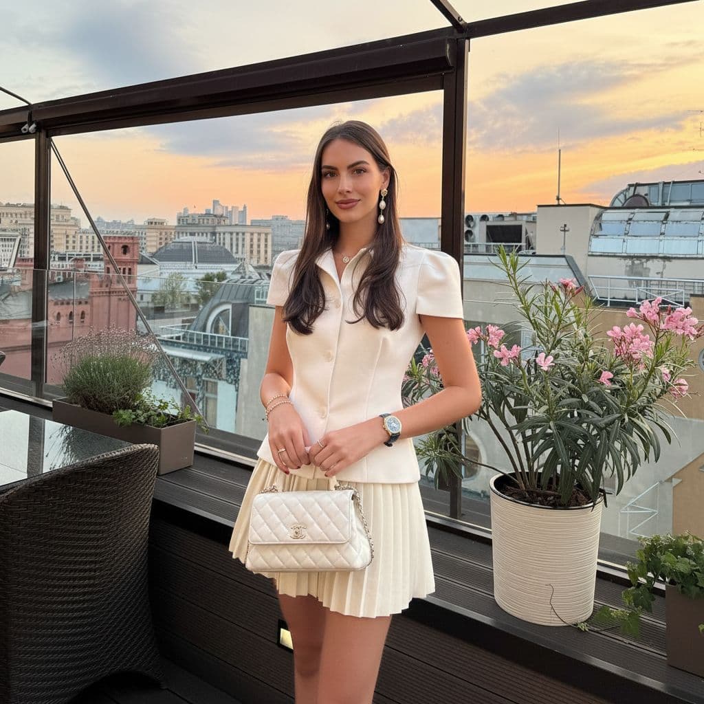AI generated: Add the accesories on her, holding the bag with the hands