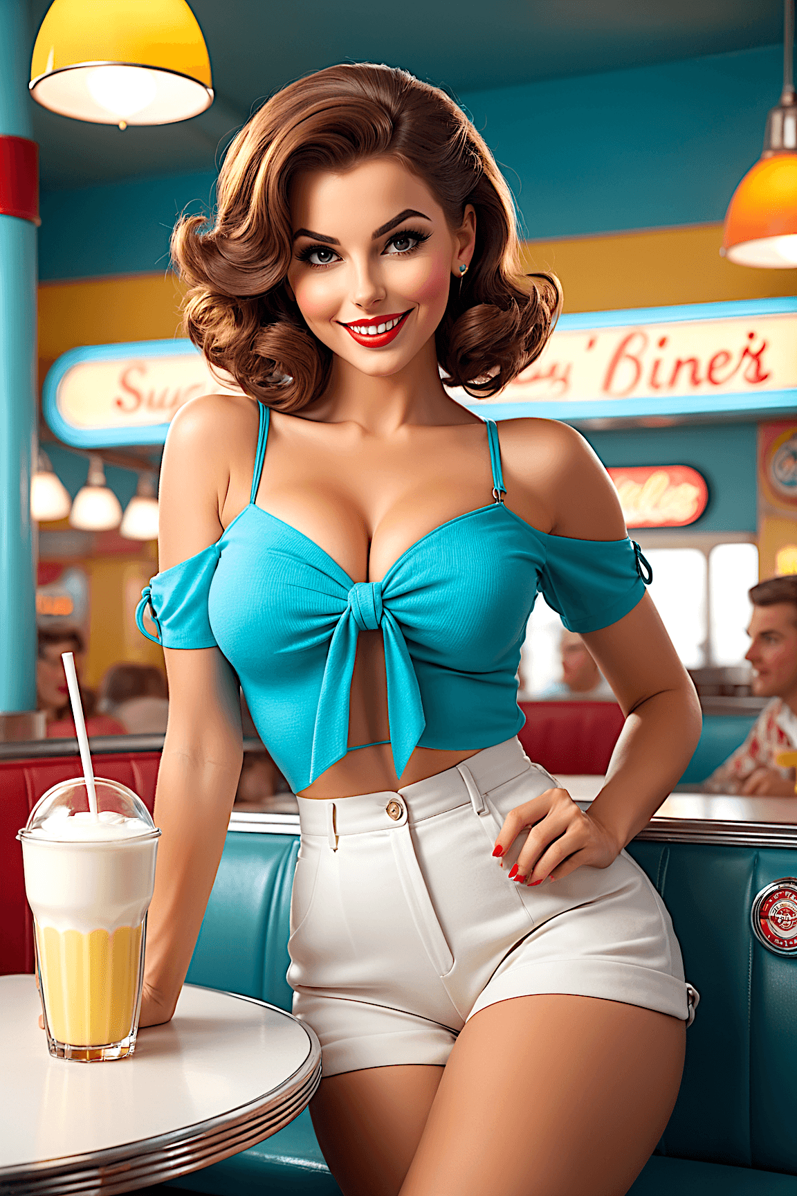 AI generated: Full-body (masterpiece), a woman with tied brown hair and is wearing sexy casual clothing 60's style...