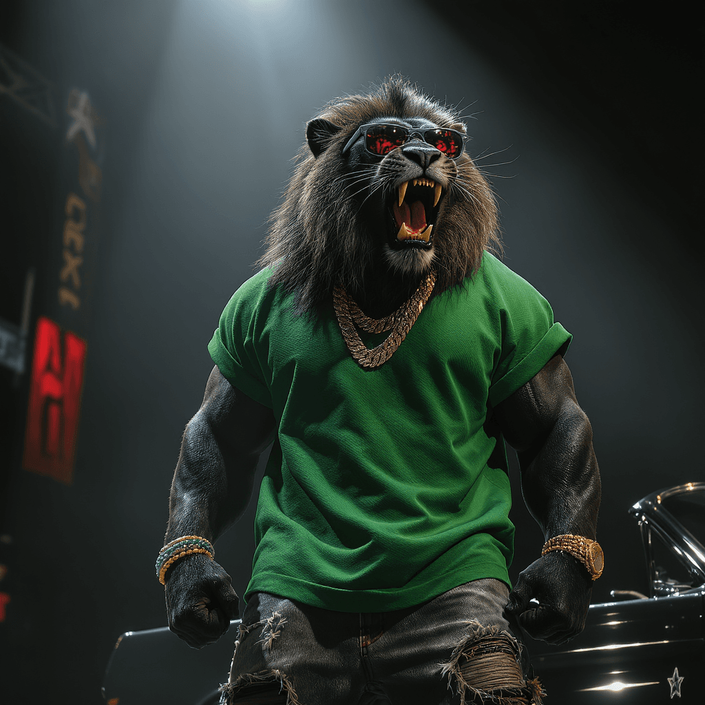AI generated: A humanoid black panther roaring  with fierce golden eyes, standing confidently on a concert stage u...