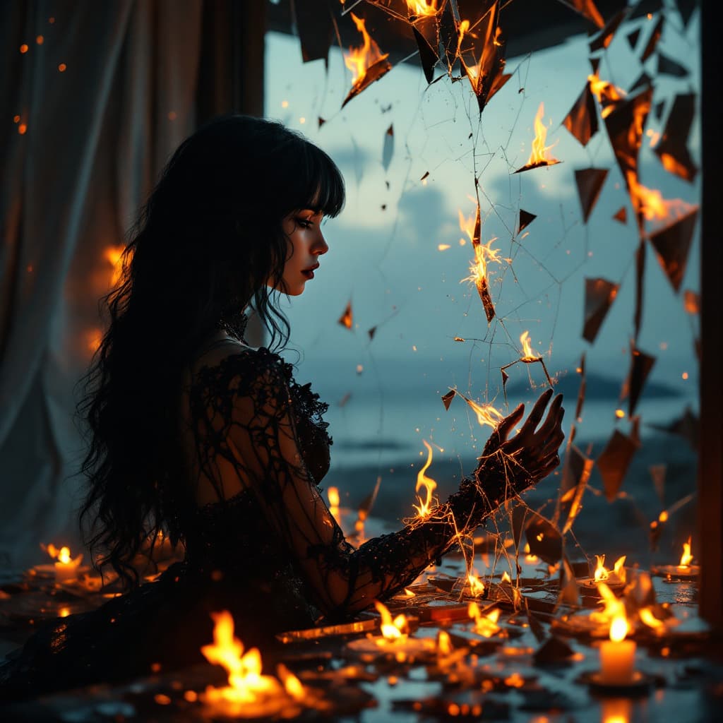 AI generated: Hyper realistic eye level exterior photo of a mA solitary female Pyrokinesis goth figure with long b...