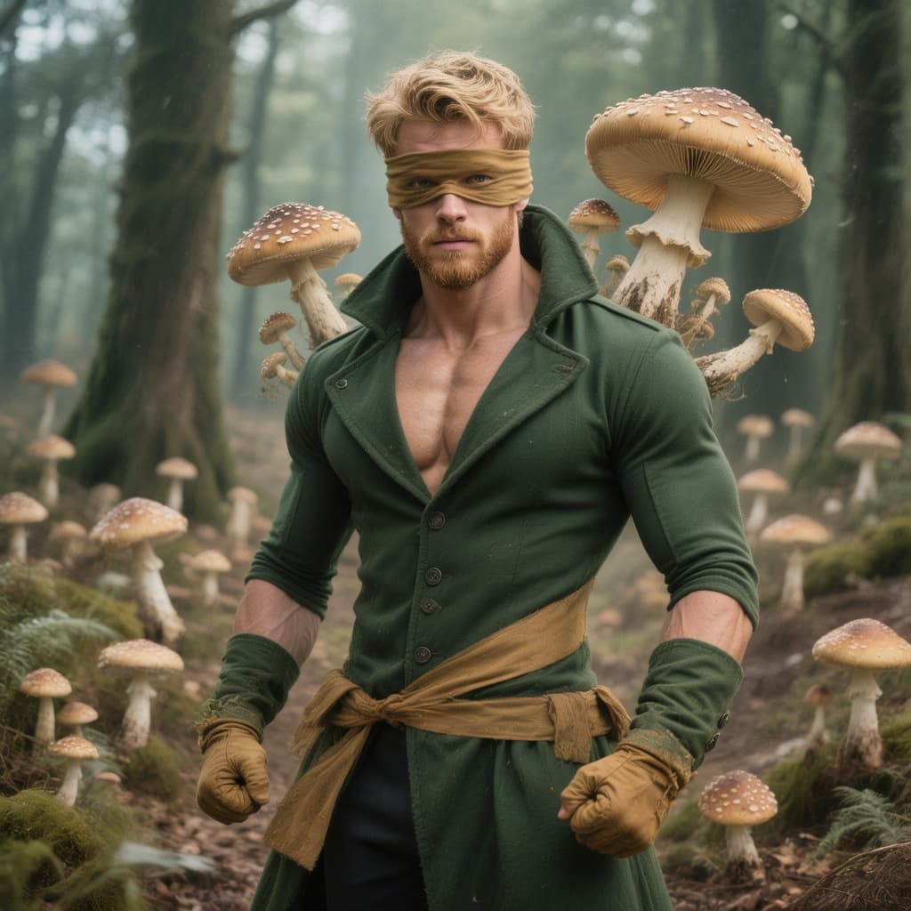 AI generated: an attractive muscle man with the power to control mushrooms wearing a dark forest green coat with a...