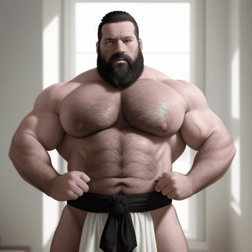AI generated: white man have 40 years old but he have a huge mucsles like a bodybuilders and he have short black h...