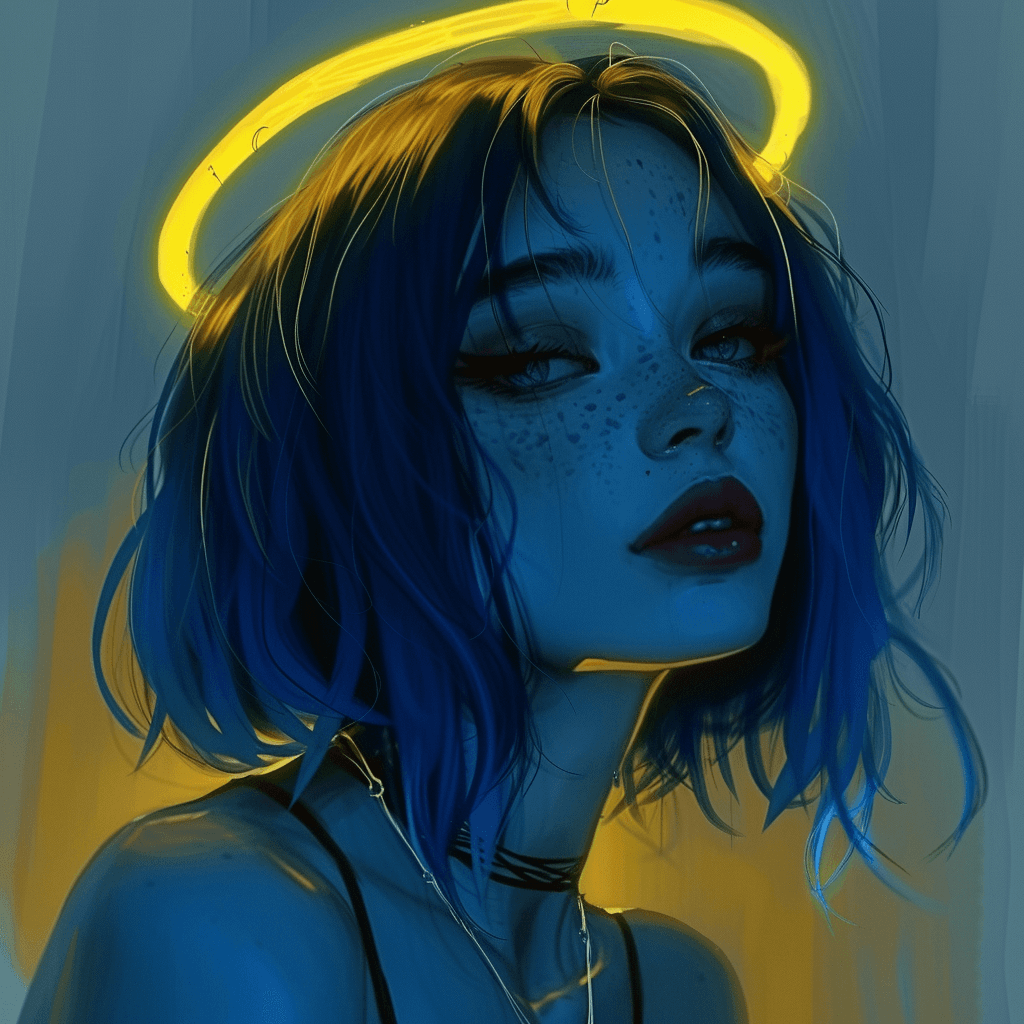 AI generated: a blue girl with gold angel halo head, in the style of neon realism, darkly romantic illustrations, ...