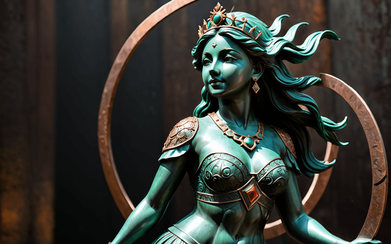 AI generated: copper sun princess statue,(deep green patina:1.3), realism, realistic ,one full body, intricate det...
