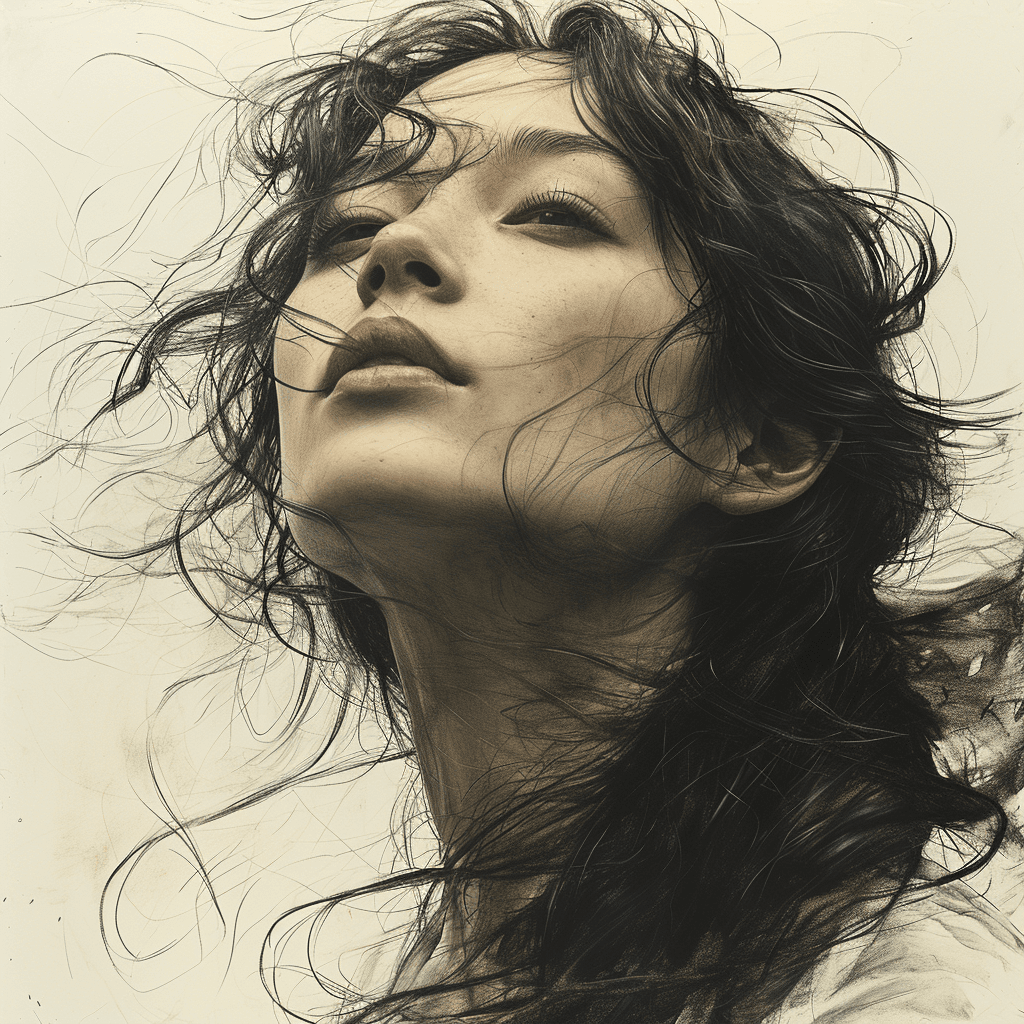 AI generated: a drawing of a girl with flowing hair, in the style of geisha portraiture, ethereal sculptures, intr...