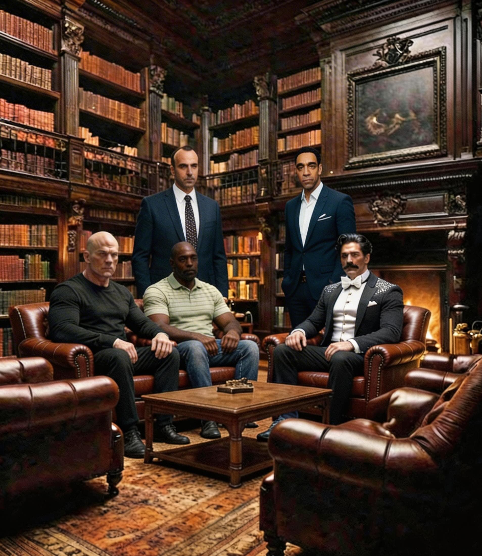 AI generated: Stand the character from reference image 2 in the background at the bookshelf of reference image 1 w...
