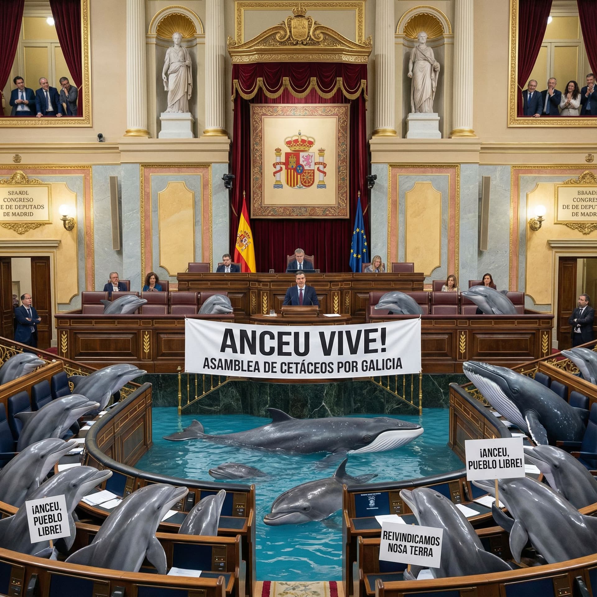 AI generated: Dolphins and Whales taking over the Spanish parliament, reivindicating Anceu, the Galician village
