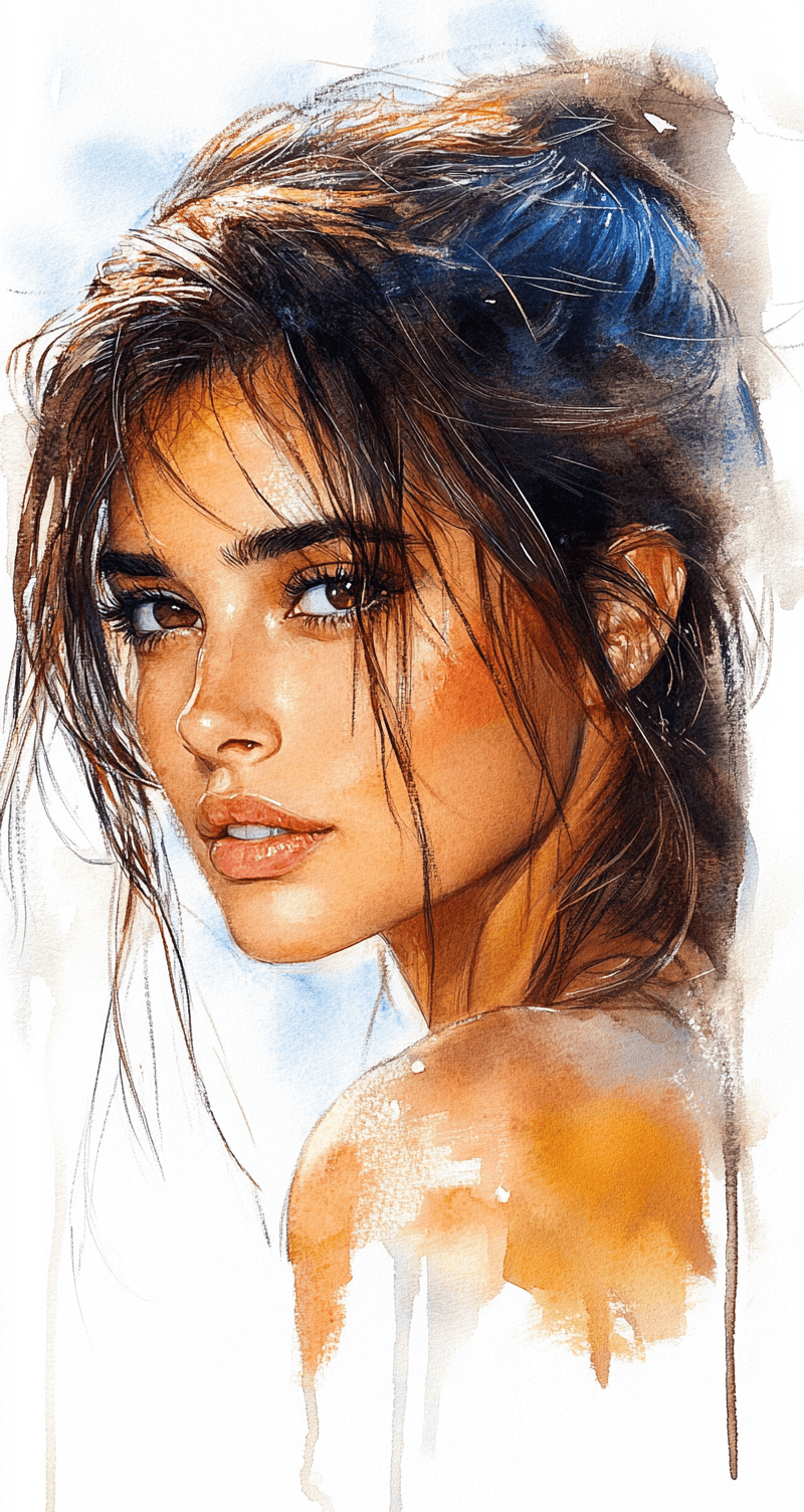 AI generated: a painting of a brown-haired woman, brown eyes, delicate washes, impressionist lightness, crisp and ...