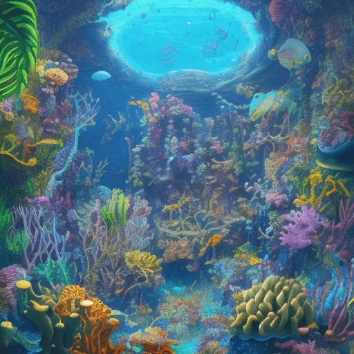 AI generated: the underwater is filled with vibrant colors,
ancient ruins, and fantastical creatures,
massive sea ...