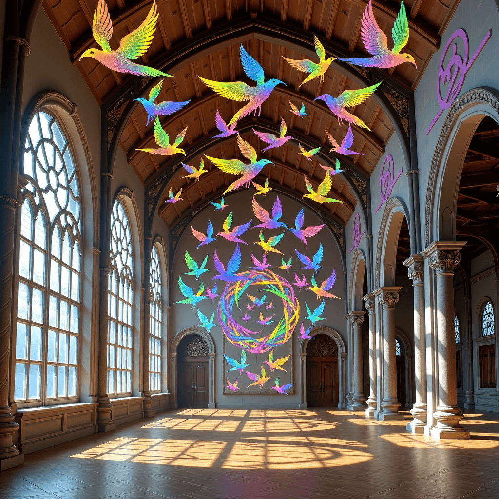 AI generated: Concept art of a fantastical Elven palace great hall, walls adorned with iridescent Escher-esque bir...