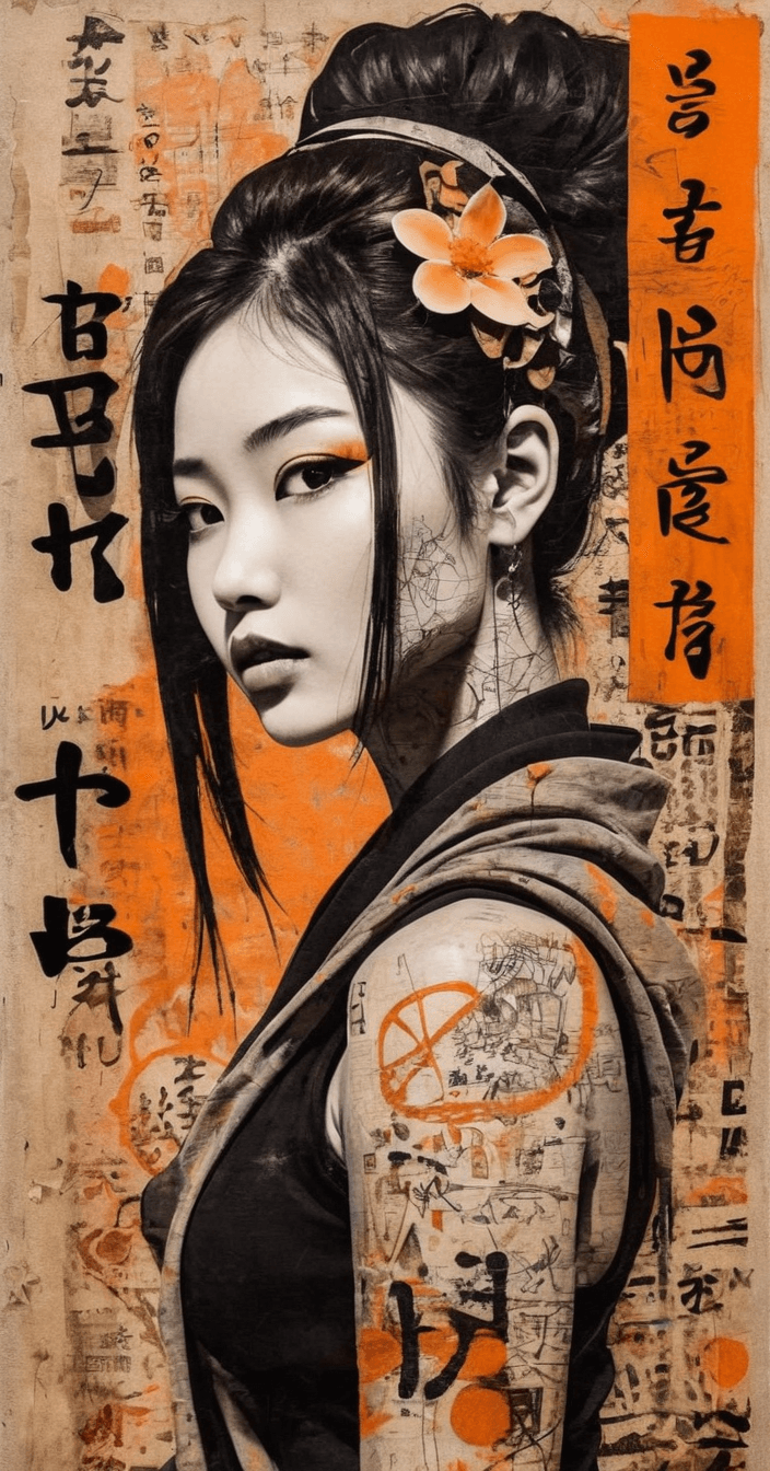 AI generated: Asian woman, beautiful face, black and orange color tones, wabi-sabi art,  abstract , punk collage ,...