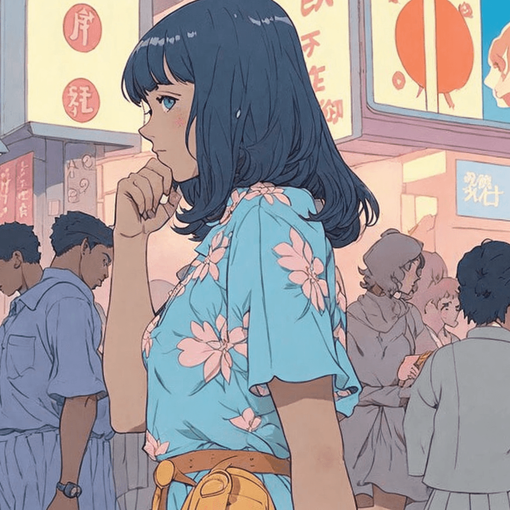 AI generated: anime illustration of a woman in a blue dress standing in a crowded street, lofi girl, lofi girl aes...