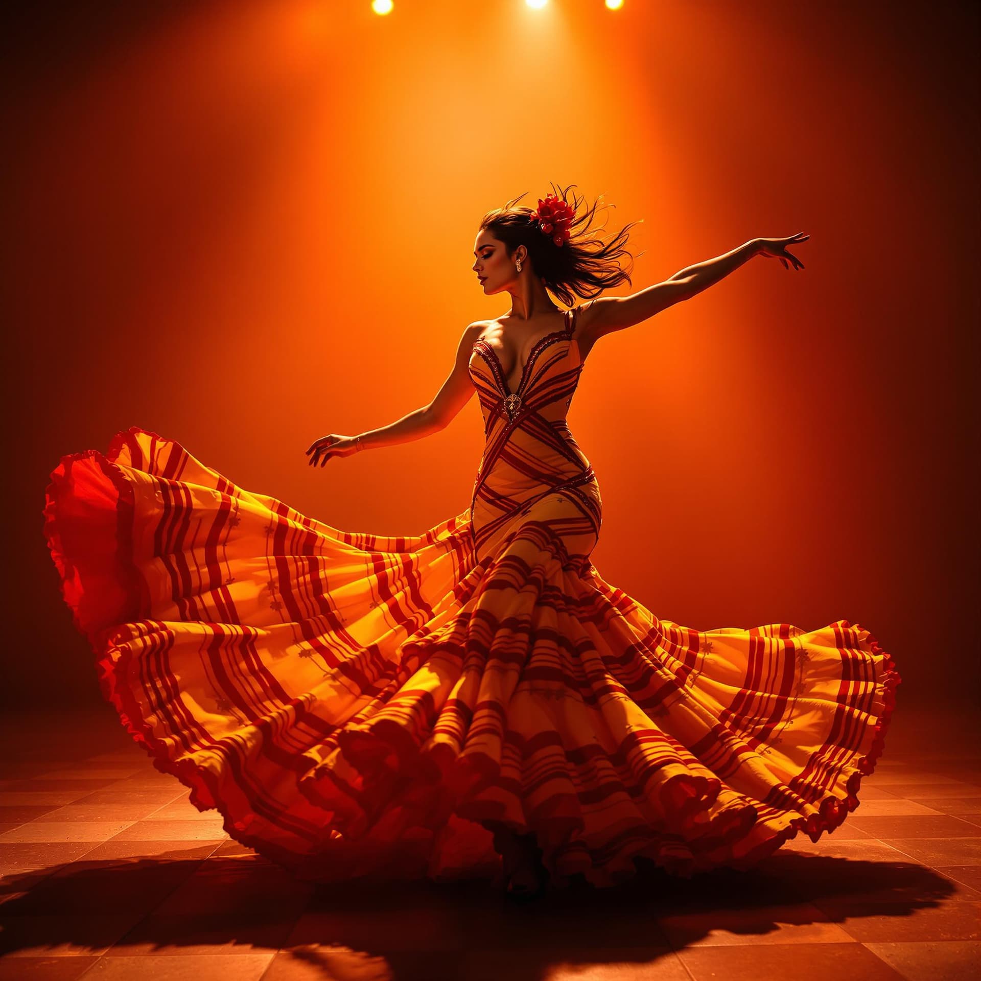 AI generated: photo of Penélope Cruz, in a Spanish flamenco dance floor, passionate Indian beauty, flamenco dancer...