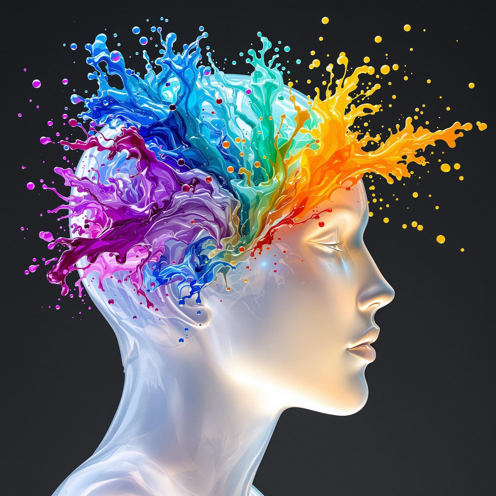 AI generated: a glowing transparent white resin head to the shoulders, which contains a fabulous swirl of glowing,...