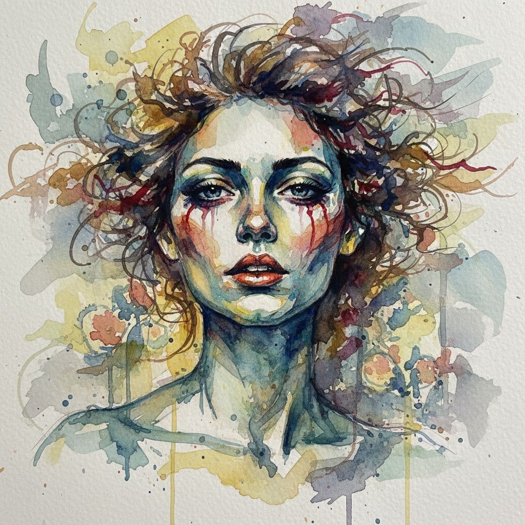 AI generated: Watercolor portrait of a woman, free brushwork --chaos 75 --ar 1:2 --style raw --profile rsy6uq9 --s...