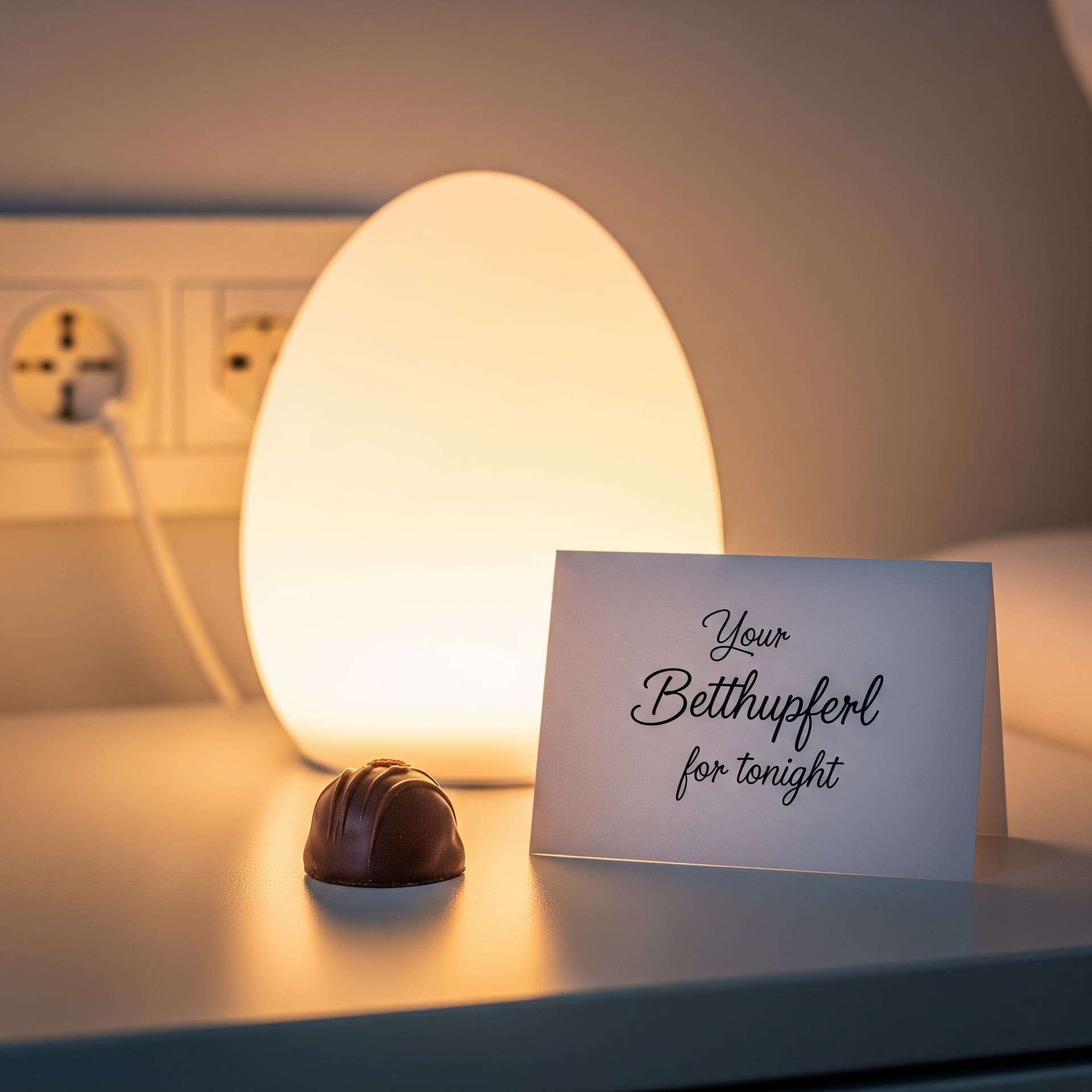 AI generated: A single, delicious-looking Betthupferl (small sweet treat) on a nightstand, with a warm, inviting l...