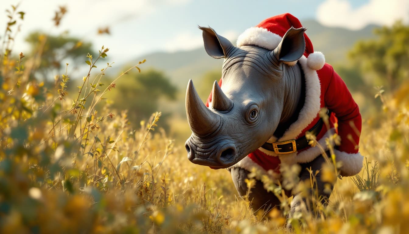 AI generated: Imagine a 3D photorealistic image of a rhinoceros in the African bush, dressed as Santa Claus with a...