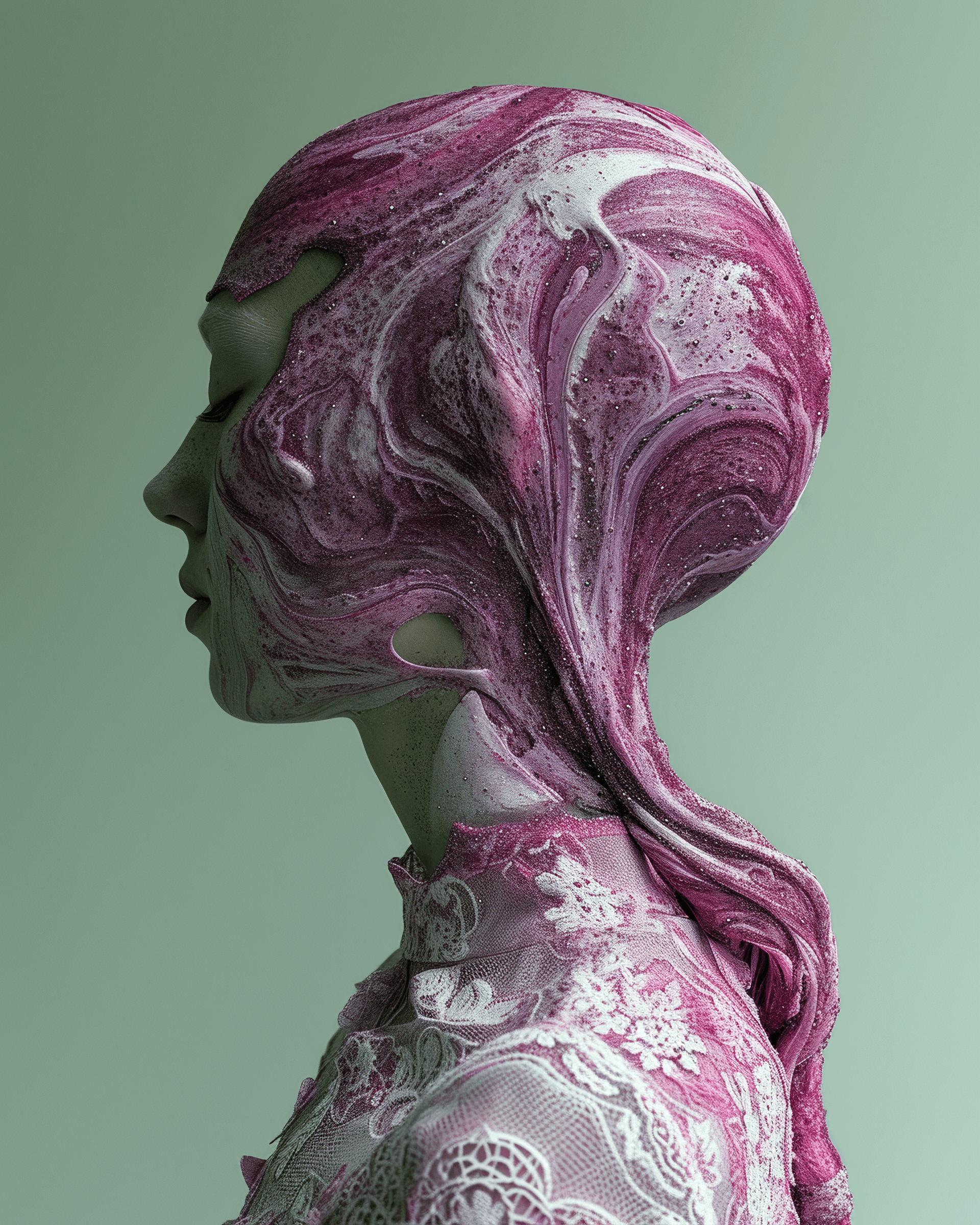 AI generated: a woman wearing pink lace with purple dye on her hair, in the style of dark white and dark red, proc...