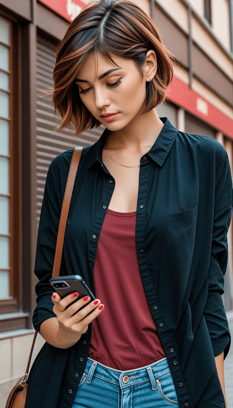AI generated: An image of a young woman with an olive complexion and short, layered hair with brown to blonde high...