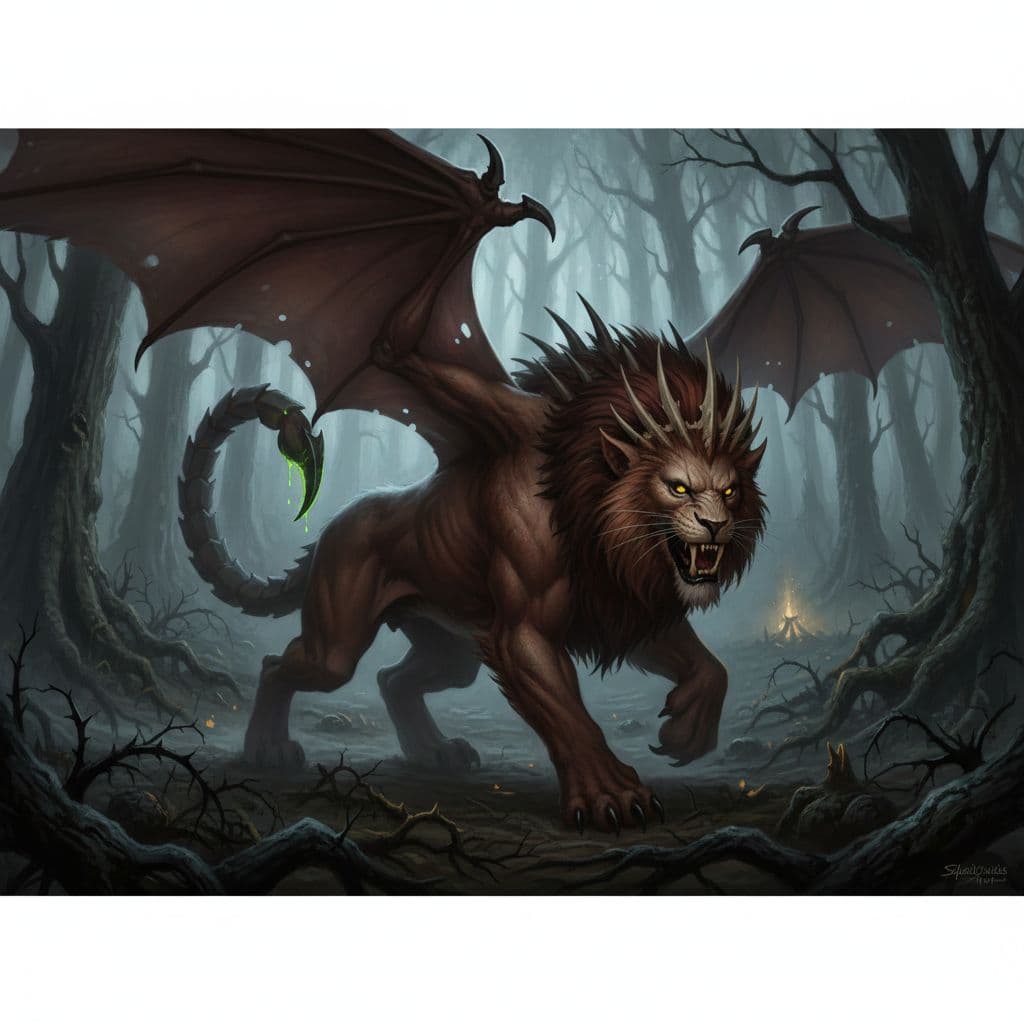 AI generated: “A menacing manticore stalking prey through a dark forest, lion body, human-like face with a siniste...