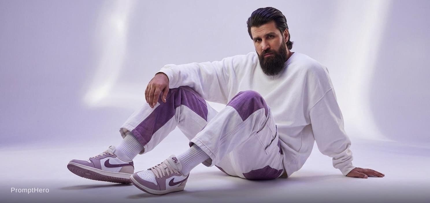 AI generated: Oversized white sweatshirt, white purple oversized combat jean, styled with footwear: white purple n...