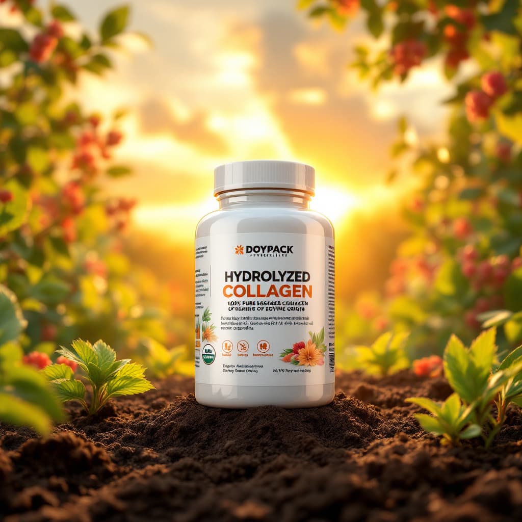 AI generated: Create a hyperrealistic image of a 100% pure hydrolyzed collagen doypack with a vibrant promotional ...