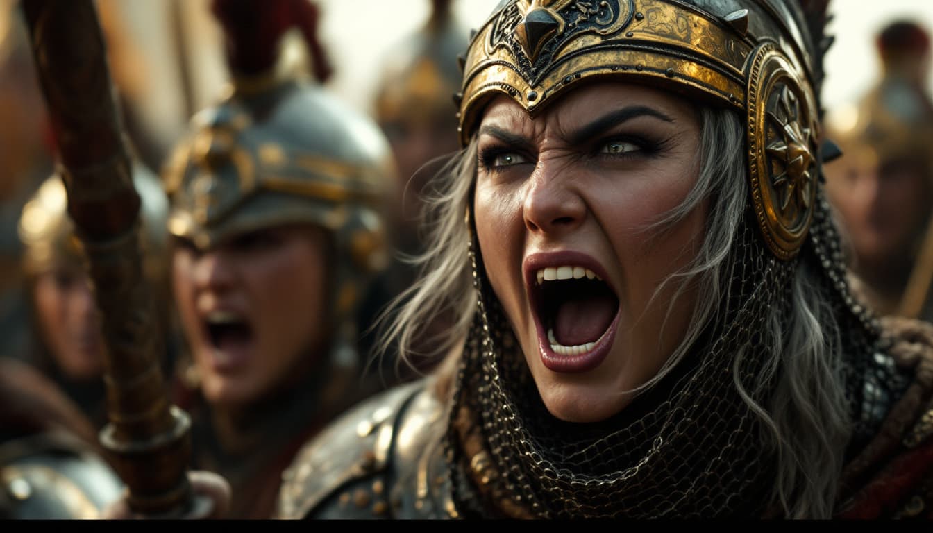 AI generated: Ultra-realistic.	Close-up of Parushat’s face as she shouts, “For Parseh!” and the warriors echo her ...