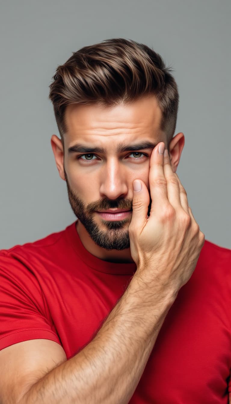 AI generated: Close-up photo of a handsome caucasian man, dark burst-taper hair, short trimmed shaved beard, sligh...
