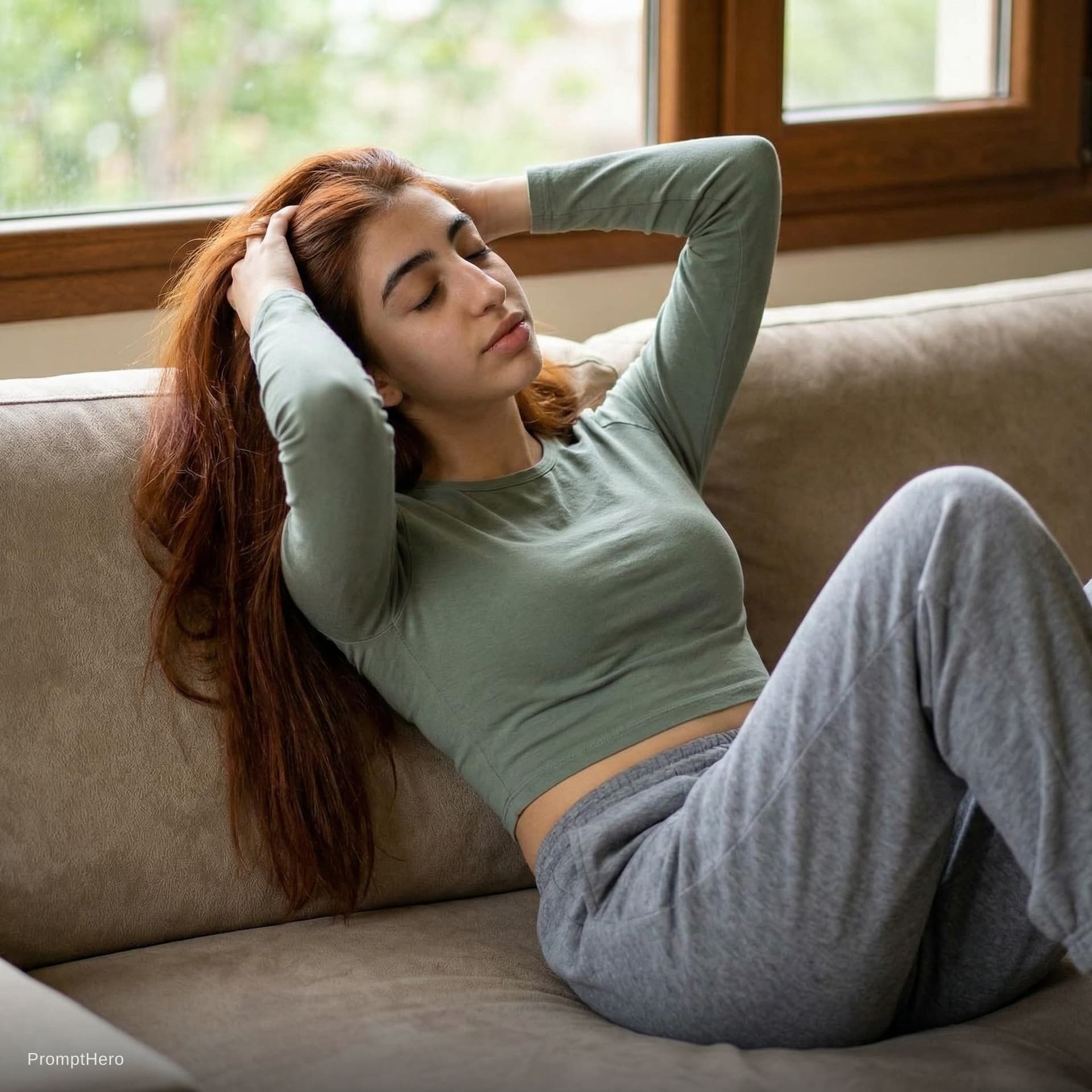 AI generated: A photorealistic image of a woman with long, flowing auburn hair reclining on a plush beige couch. T...
