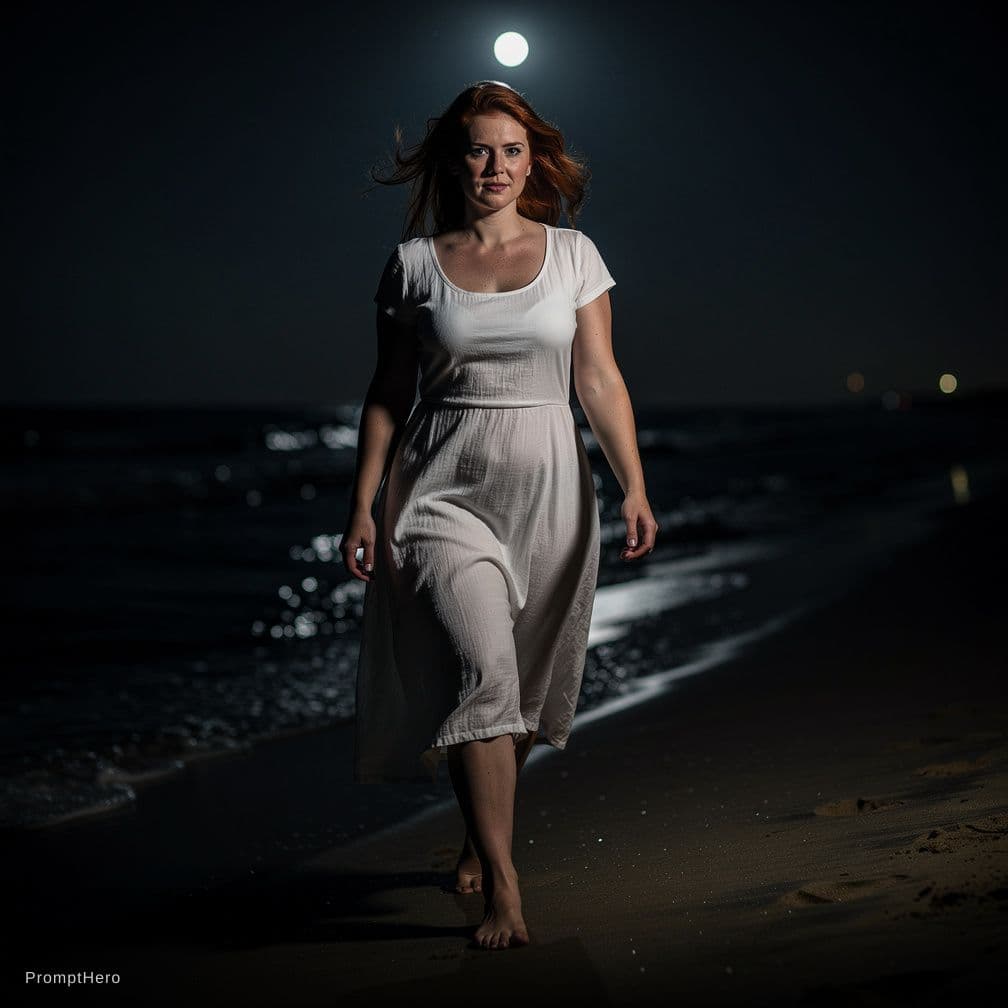 AI generated: full body photograph, beautiful short caucasian woman, naked, medium breasts, walking on beach, faci...