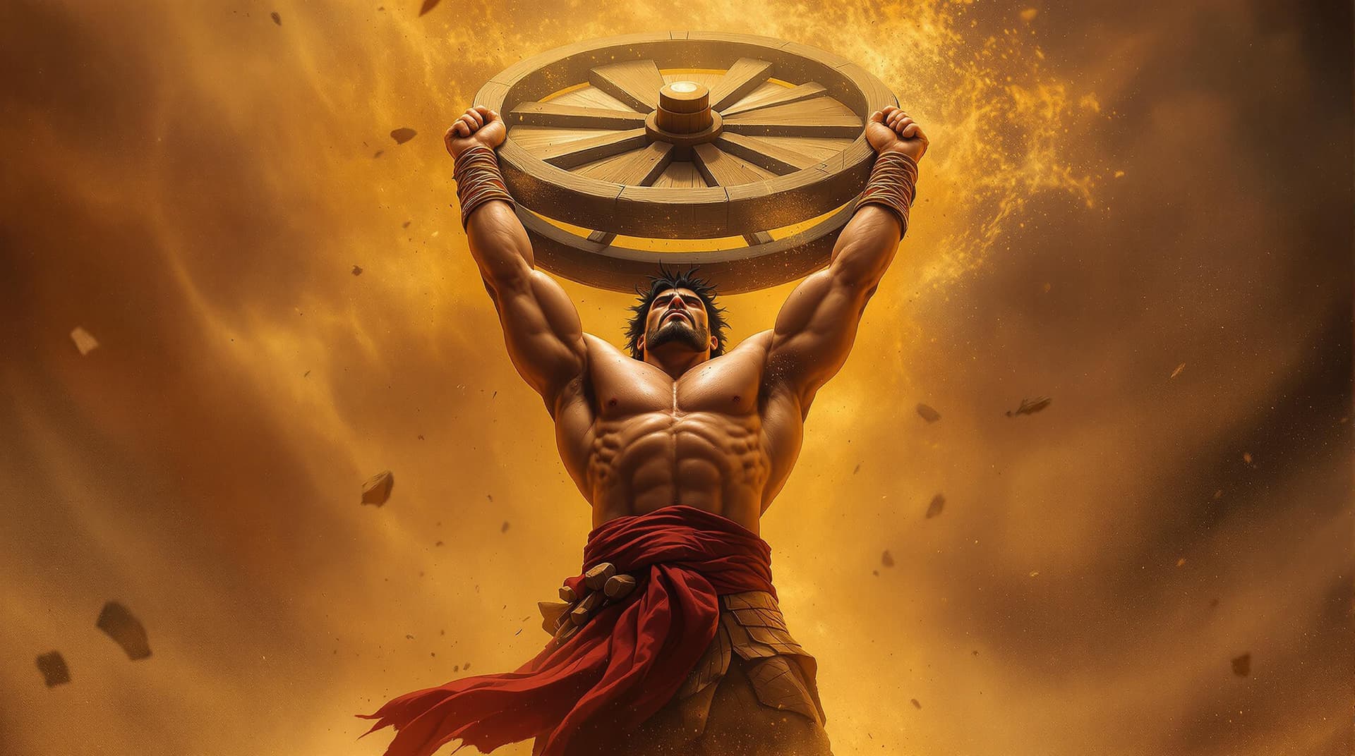 AI generated: Image is a dramatic digital artwork featuring a powerful, muscular figure with medium skin tone, dep...