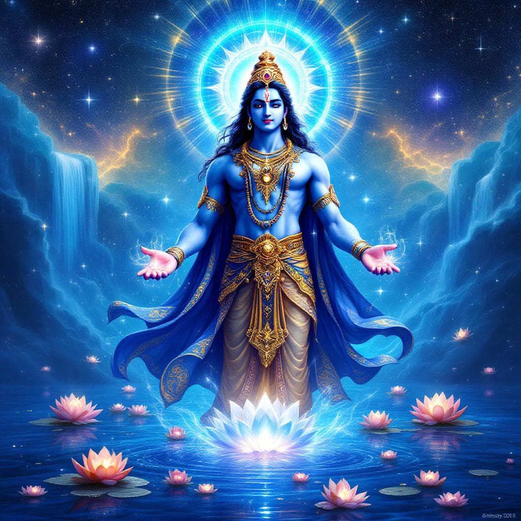 AI generated: An ultra-realistic, front-facing full-body portrait of Lord Vishnu, radiating divine calm and cosmic...