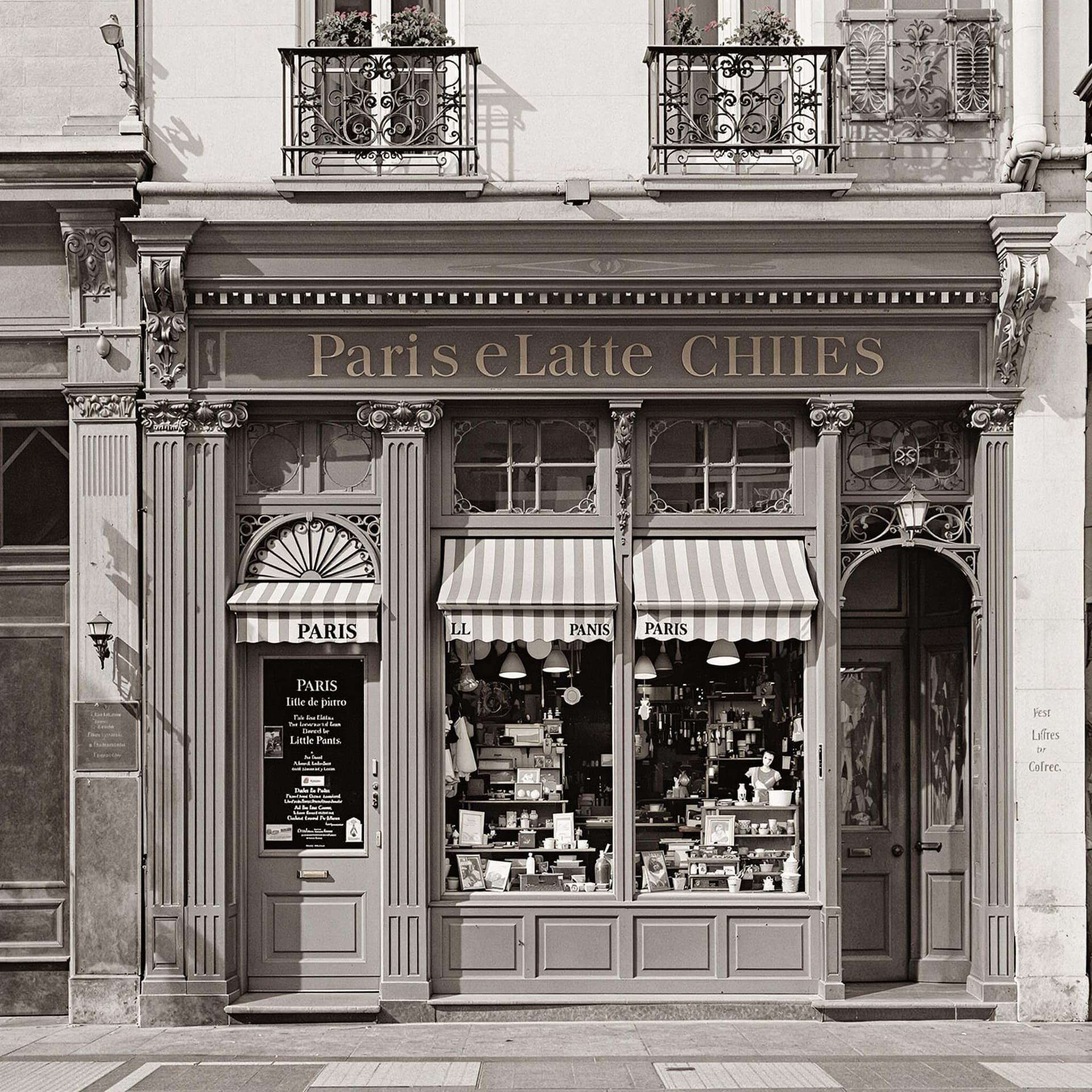AI generated: Paris 1880, a facade of a little shop, front view, elevation