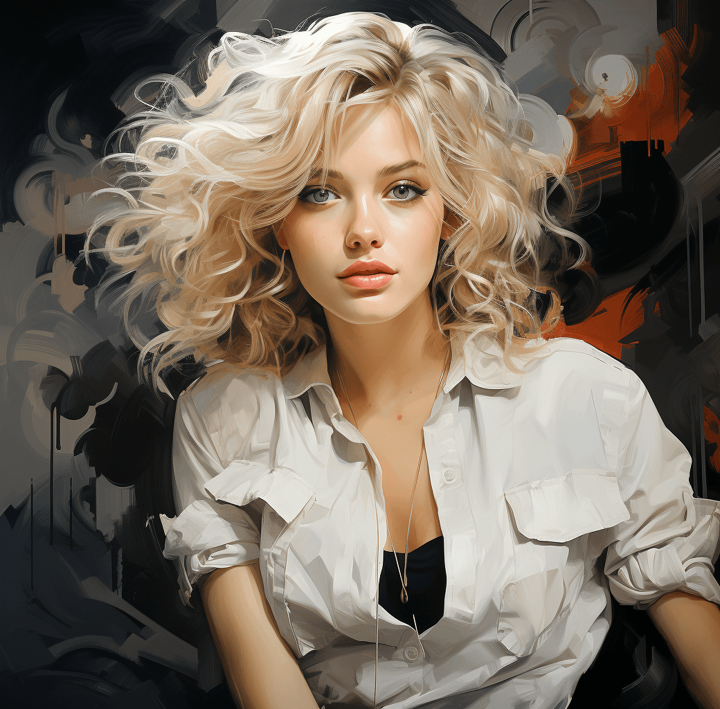 AI generated: a painting of a blonde woman, in the style of ross tran, dmitry spiros, light white and dark gray, d...