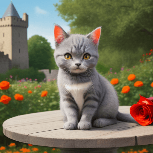 AI generated: gray cute little cushi cat, full of colors, sitting on a table, looking at viewer with love, in a ca...