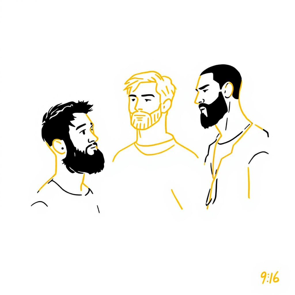AI generated: illustration, men, three, yellow, outlines --ar 9:16