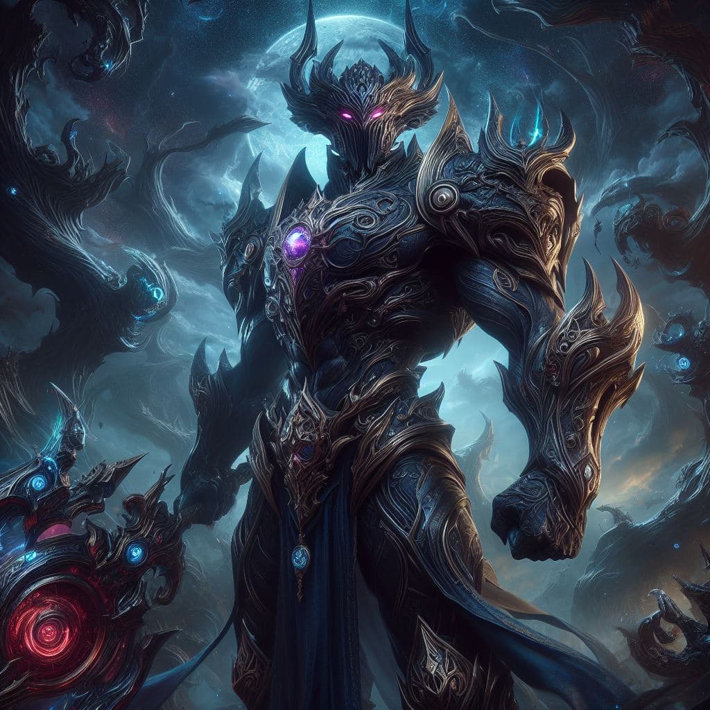 AI generated: Capture Nightbringer Jarvan IV in a hyper-realistic photograph set amidst a dark and otherworldly la...